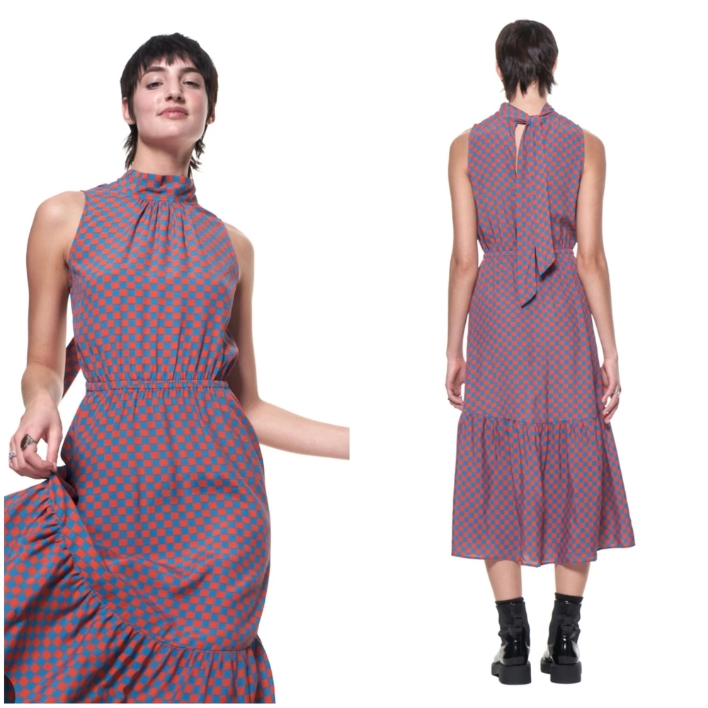 NWOT The Kit Jia Midi Dress Blue Orange Check Grid Sleeveless Back Neck Tie